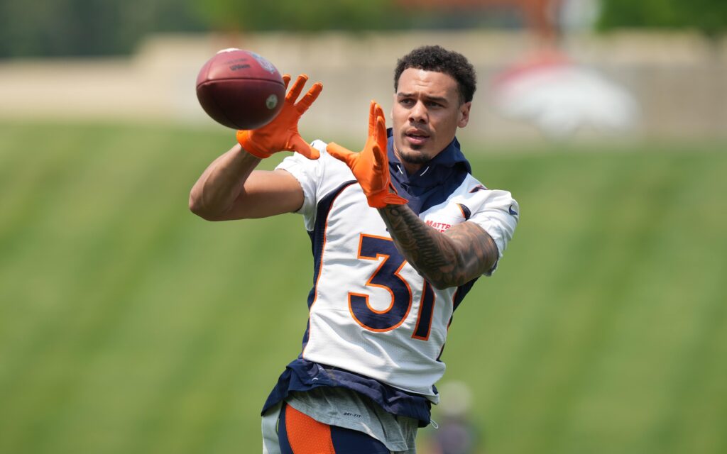 Justin Simmons in minicamp. Credit: Ron Chenoy, USA TODAY Sports.