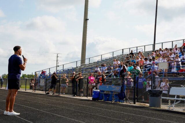 Justin Simmons speaks to kids at his Justin Simmons football camp. Credit: Rich West, special to USA TODAY Sports.