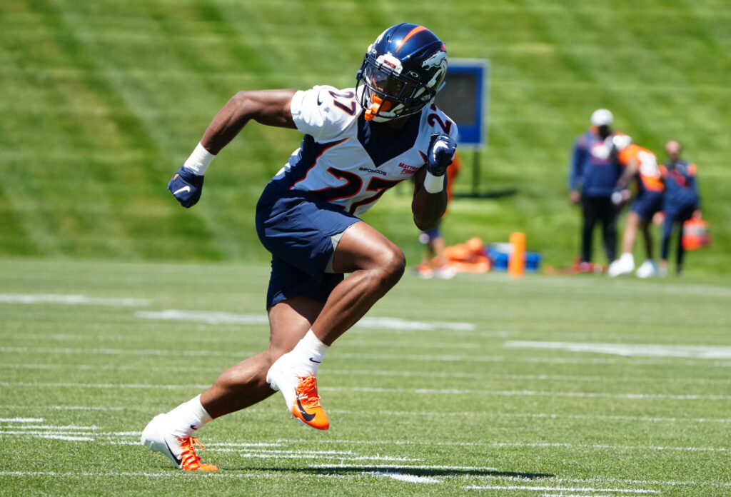 Denver Bronco cornerback Damarri Mathis (27) during rookie mini camp drills at UCHealth Training Center.