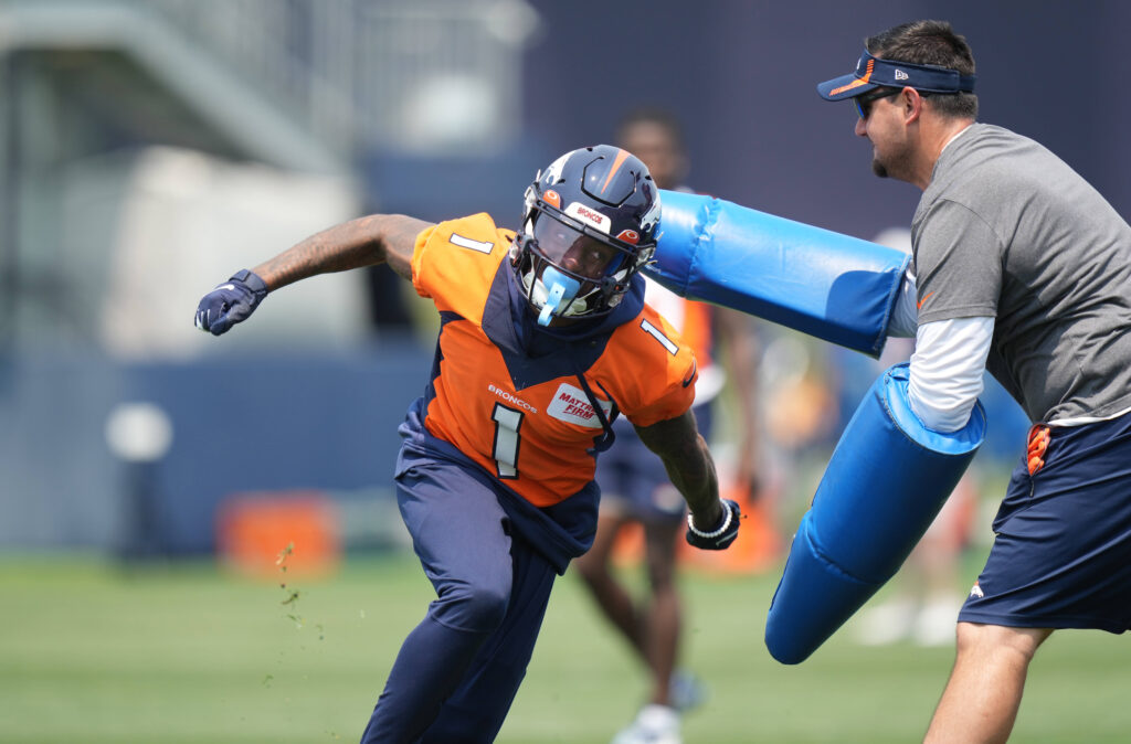 Denver Broncos wide receiver KJ Hamler (1) during mini camp drills at the UCHealth Training Center.