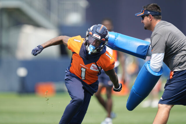 Denver Broncos wide receiver KJ Hamler (1) during mini camp drills at the UCHealth Training Center.