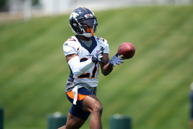 Denver Broncos corner back Damarri Mathis (27) during mini camp drills at the UCHealth Training Center.