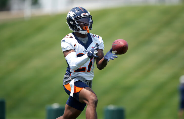 Denver Broncos corner back Damarri Mathis (27) during mini camp drills at the UCHealth Training Center.