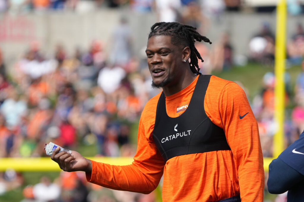 Denver Broncos linebacker Randy Gregory (5) during training camp at the UCHealth Training Center.