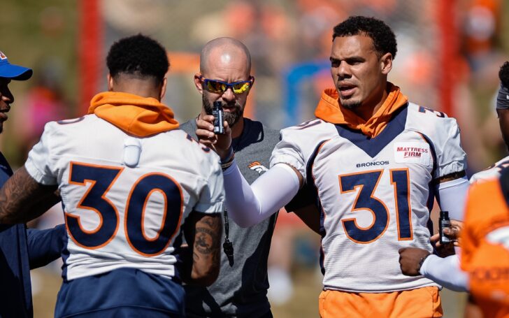 Justin Simmons (31) with younger safety Caden Sterns (30) at training camp. Credit: Isaiah J. Downing, USA TODAY Sports.