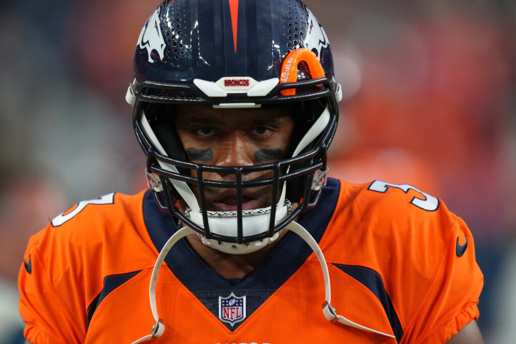 Denver Broncos quarterback Russell Wilson (3) awaits play in the first quarter against the Dallas Cowboys at Empower Field at Mile High.