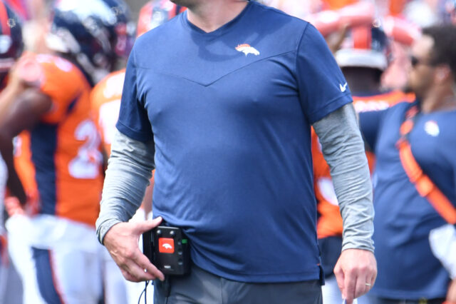 Denver Broncos head coach Nathaniel Hackett on the sidelines in the second quarter of a pre-season game against the Buffalo Bills at Highmark Stadium.