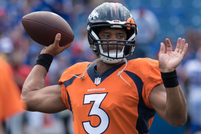 Russell Wilson in pregame warmups in Week 2 of the preseason. Credit: Mark Konezny, USA TODAY Sports.