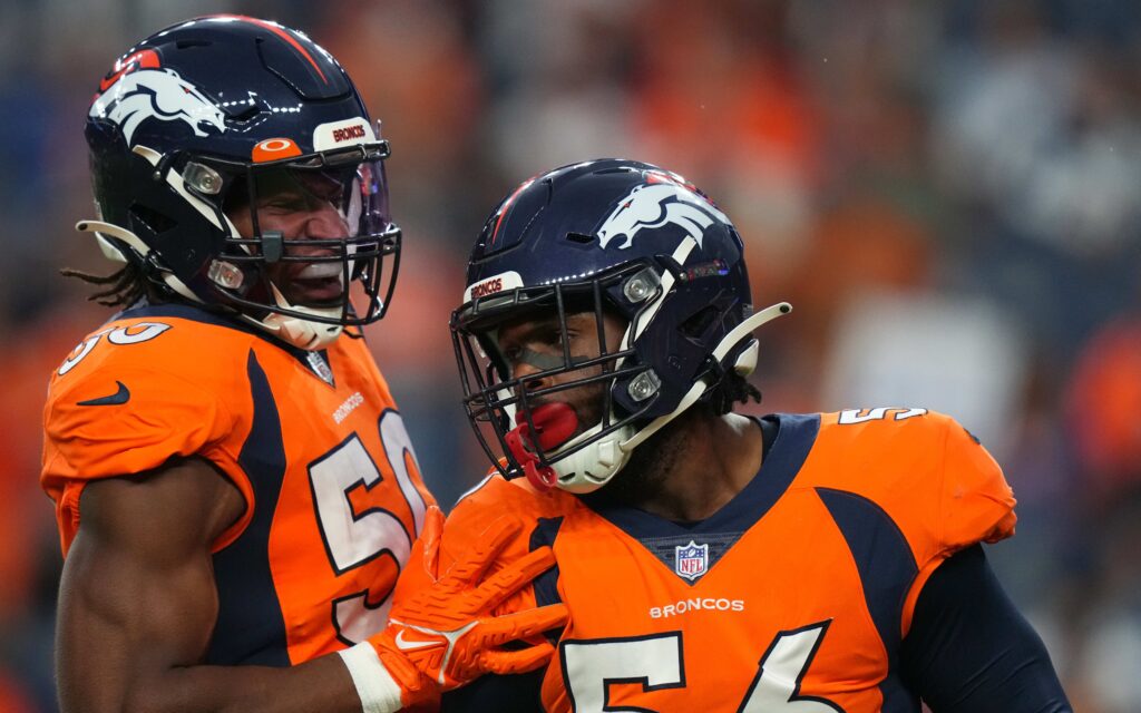 Baron Browning (56) with Jonas Griffith in preseason. Credit: Ron Chenoy, USA TODAY Sports.