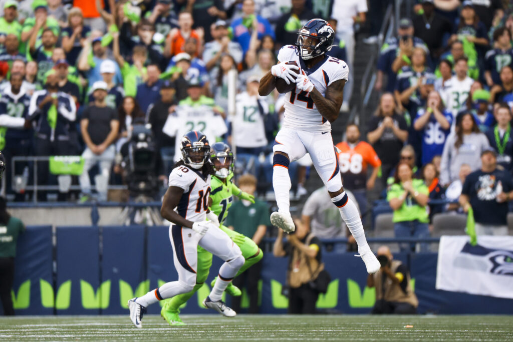 Denver Broncos wide receiver Courtland Sutton (14) catches a pass against the Seattle Seahawks during the second quarter at Lumen Field.