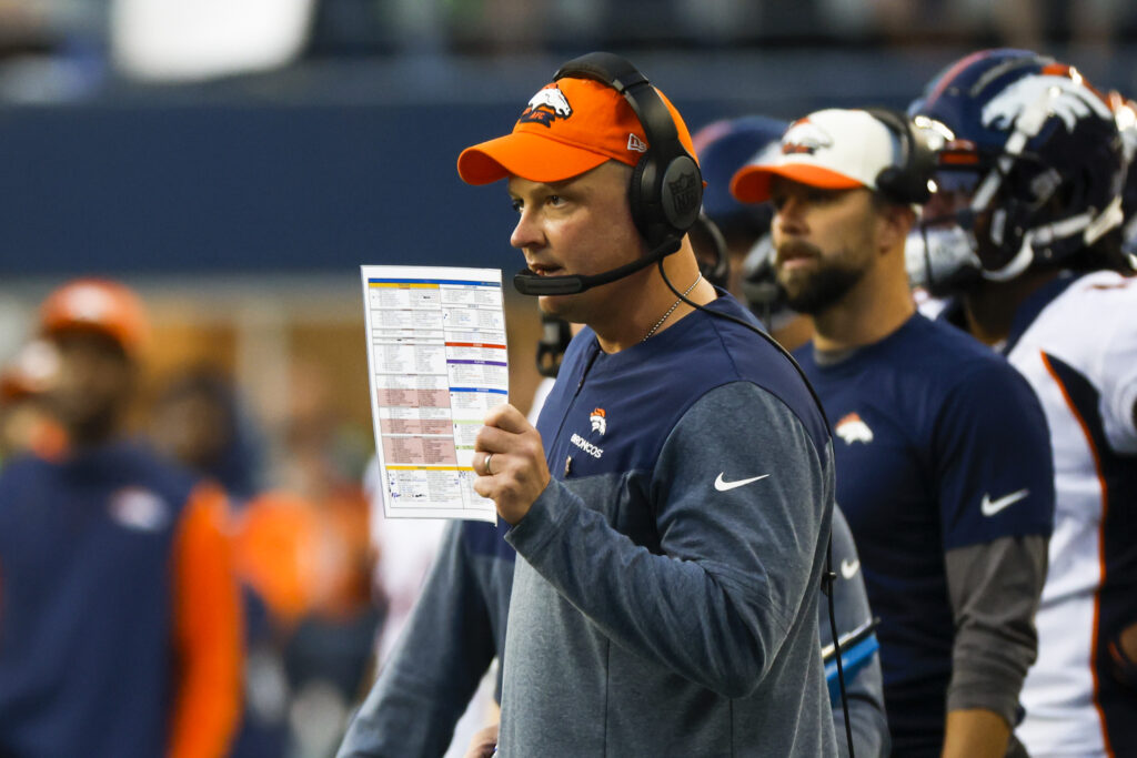 Denver Broncos head coach Nathaniel Hackett stands on the sideline during the third quarter at Lumen Field.