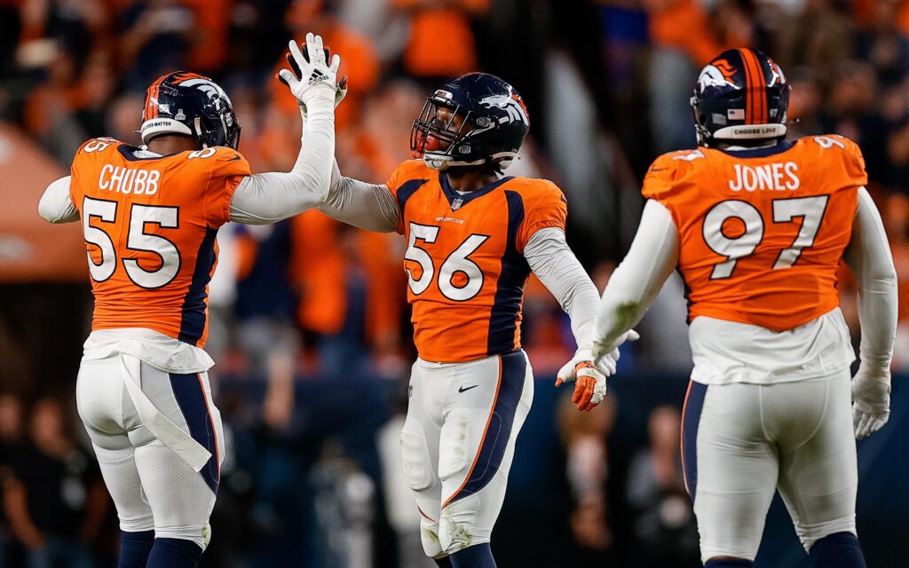 Baron Browning (56) celebrates with Bradley Chubb, DJ Jones. Credit: Isaiah J. Downing, USA TODAY Sports.