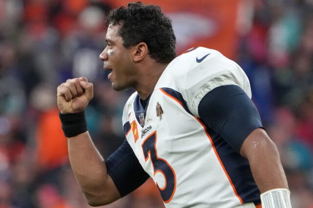 Russell Wilson celebrates a win in London over the Jaguars. Credit: Kirby Lee, USA TODAY Sports.