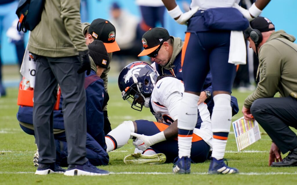 Jerry Jeudy down on the field injured. Credit: Andrew Nelles, USA TODAY Sports.