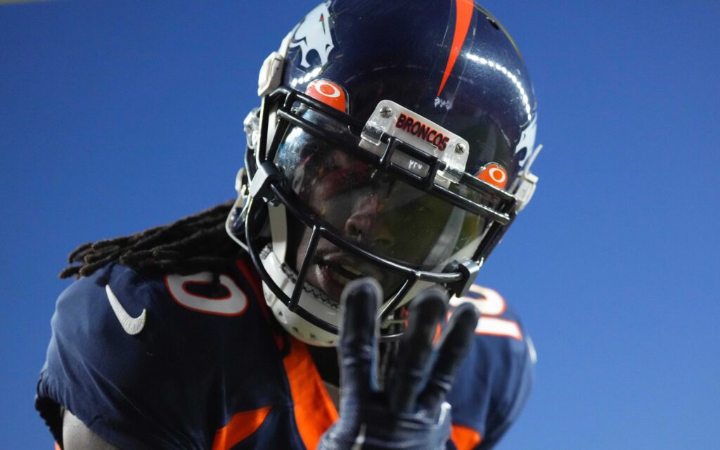 Jerry Jeudy celebrates his third touchdown against the Kansas City Chiefs on Dec. 11, 2022. Credit: Ron Chenoy, USA TODAY Sports.