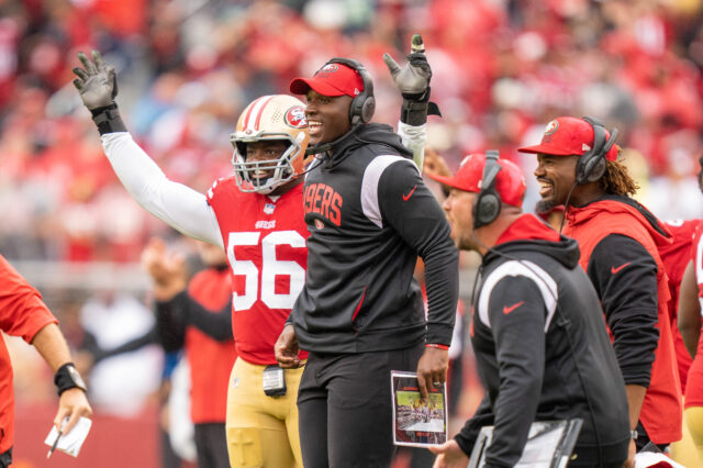 San Francisco 49ers defensive coordinator, and potential Denver Broncos head coach, DeMeco Ryans celebrates during the third quarter against the Seattle Seahawks at Levi's Stadium. Denver Broncos