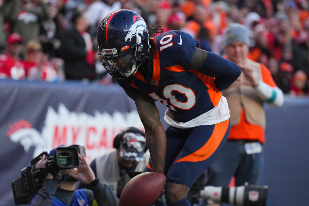 Denver Broncos wide receiver Jerry Jeudy (10) celebrates his touchdown in the second quarter against the Kansas City Chiefs at Empower Field at Mile High.