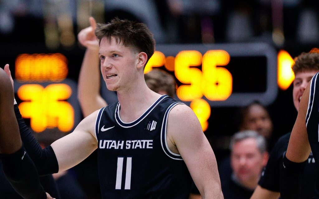 Max Shulga of Utah State against Colorado State at Moby Arena on Feb. 4, 2023. Credit: Isaiah J. Downing, USA TODAY Sports.