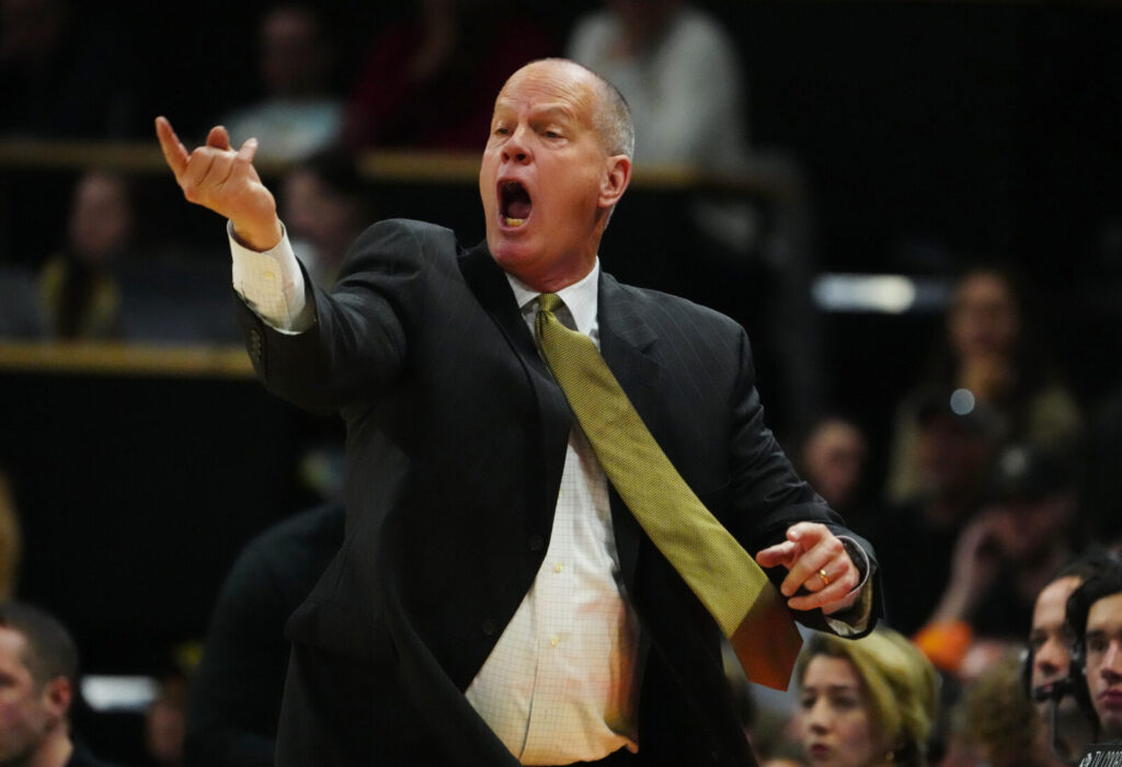 Colorado Buffaloes head coach Tad Boyle calls out in the second half against the UCLA Bruins at the CU Events Center.