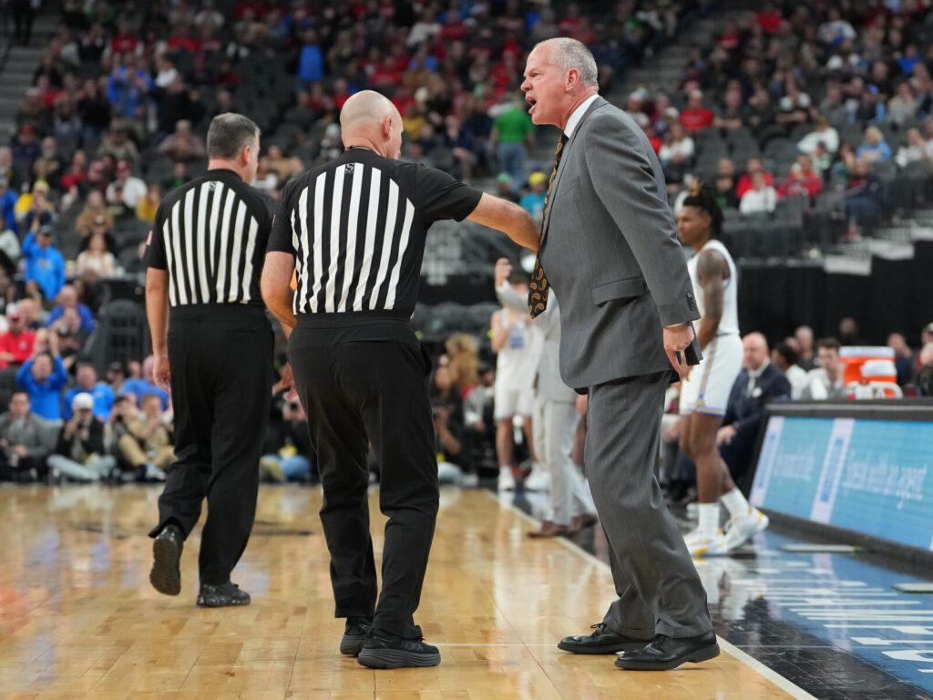 Colorado Buffaloes head coach Tad Boyle is ejected against the UCLA Bruins during the second half at T-Mobile Arena.