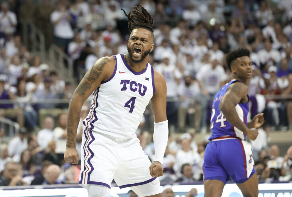 TCU Horned Frogs (now CU Buffs) center Eddie Lampkin Jr. (4) reacts after scoring during the first half Kansas Jayhawks at Ed and Rae Schollmaier Arena.