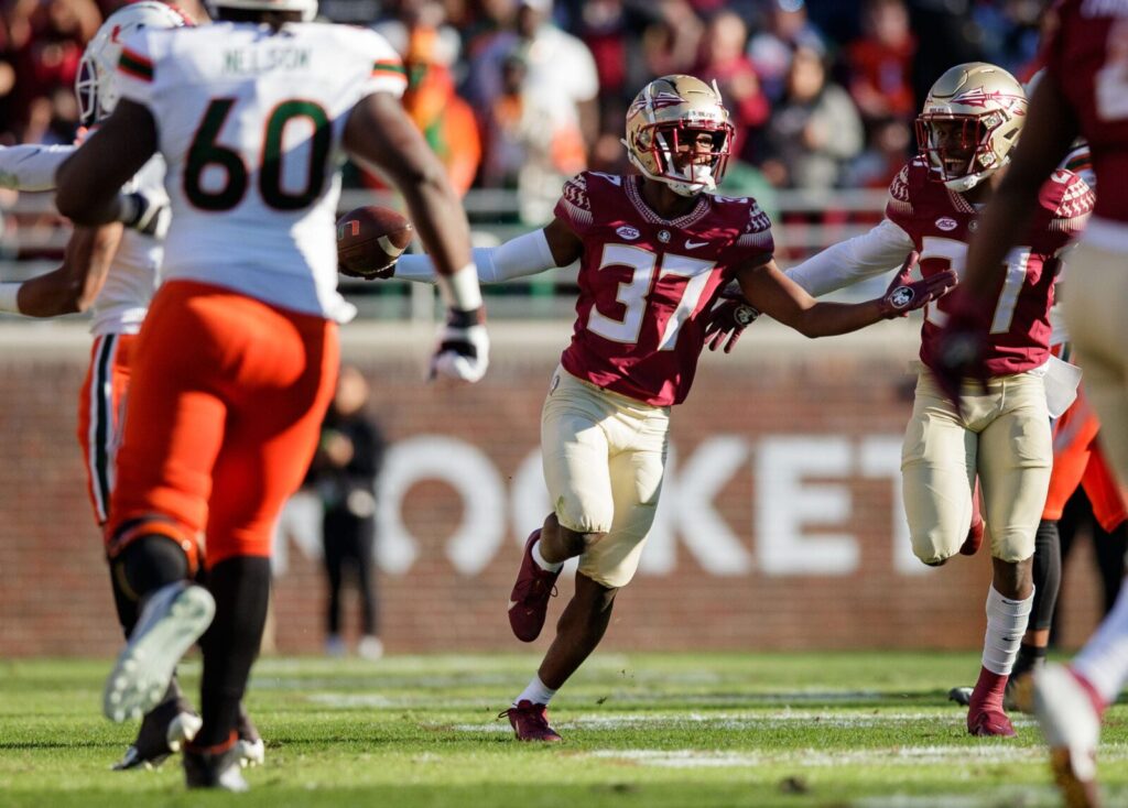 Colorado Buffaloes defensive back Omarion Cooper (37 celebrates an interception. The Florida State Seminoles lead the Miami Hurricanes 20-7 at the half Saturday, Nov. 13, 2021.