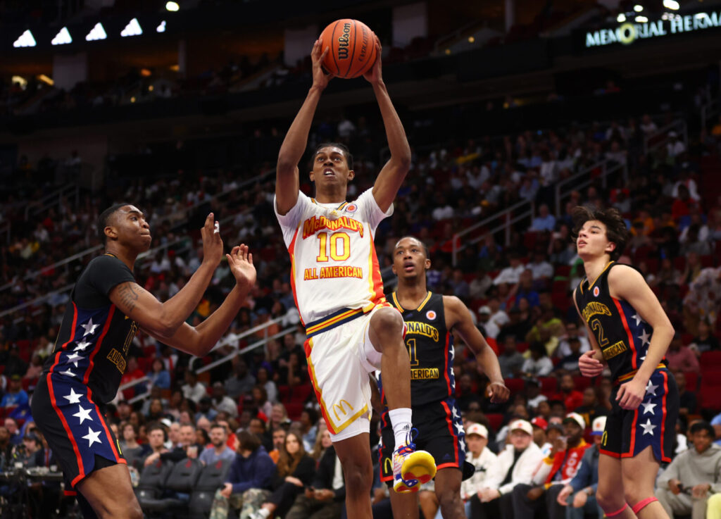 Colorado Buffaloes (CU Buffs) guard Cody Williams (10) during the McDonald's All American Boy's high school basketball game at Toyota Center.