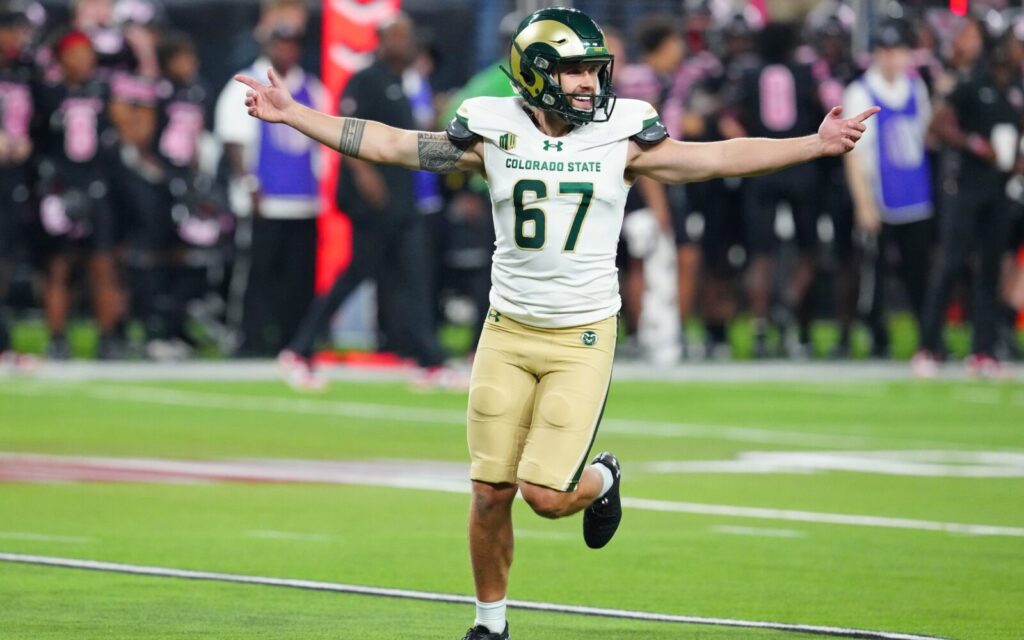 Jordan Noyes celebrates after making his career-long 55-yard field goal.