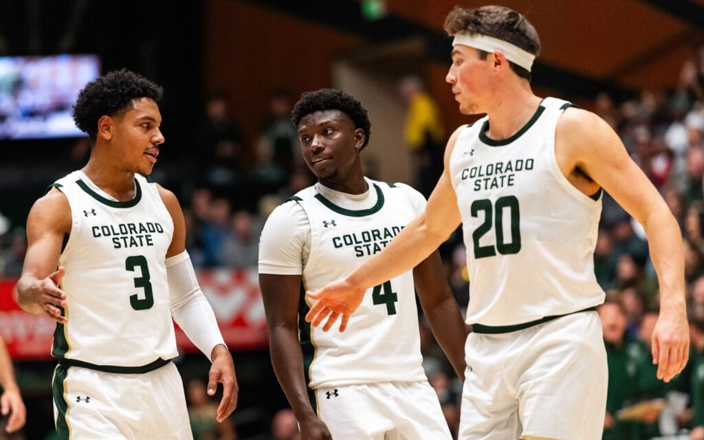 Josiah Strong, Isaiah Stevens, and Joe Palmer of Colorado State basketball.