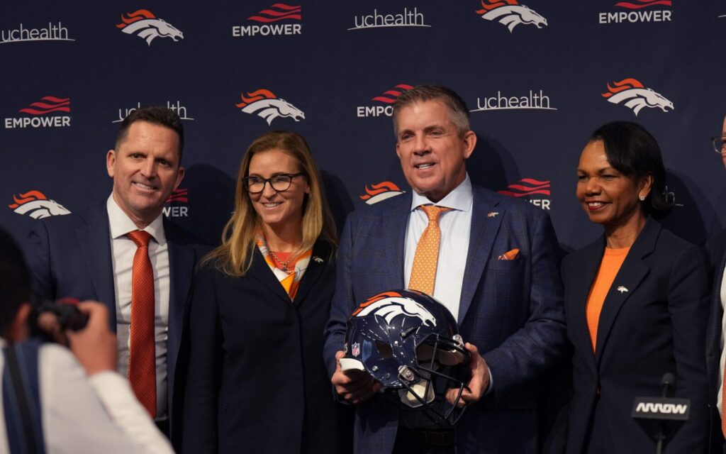 Sean Payton, George Paton and ownership at Payton's introductory press conference.