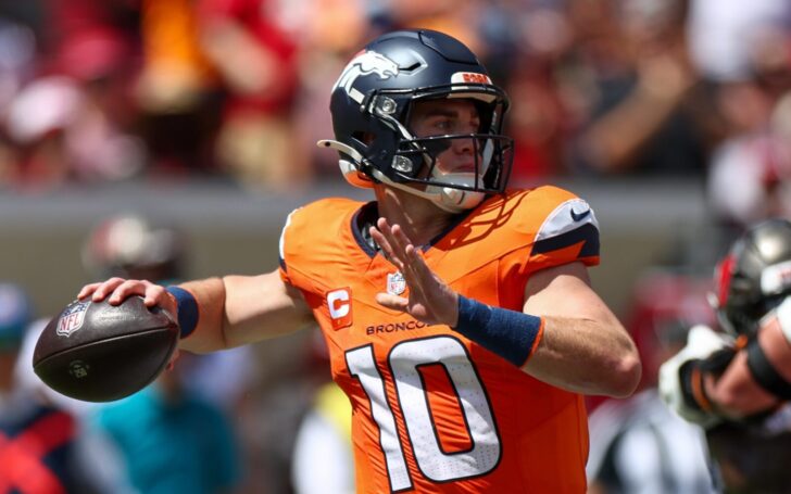 Bo Nix throws vs Tampa Bay.