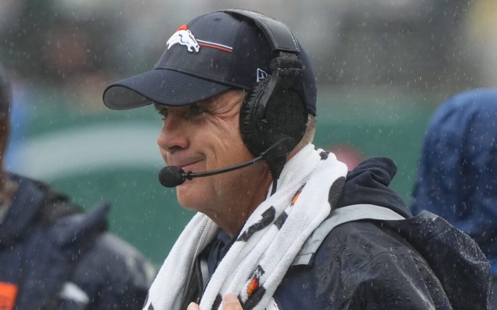 Sean Payton in wet New Jersey on Sunday.