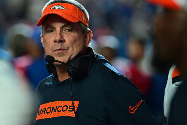 Denver Broncos Head Coach Sean Payton stands near the bench before the game against the Indianapolis Colts at Lucas Oil Stadium. Mandatory Credit: Marc Lebryk-USA TODAY Sports