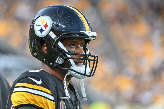 Aug 9, 2024; Pittsburgh, Pennsylvania, USA; Pittsburgh Steelers quarterback Russell Wilson (3) watches the action against the Houston Texans during the 2nd quarter at Acrisure Stadium.