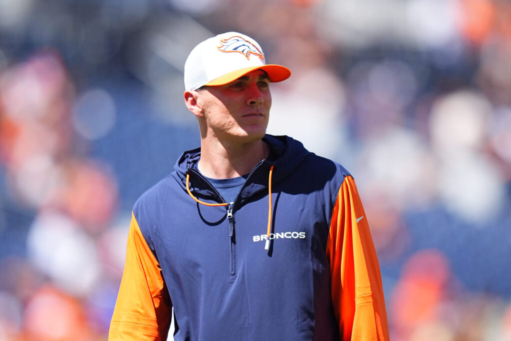 Aug 25, 2024; Denver, Colorado, USA; Denver Broncos quarterback Bo Nix (10) before the game Arizona Cardinals at Empower Field at Mile High. Mandatory Credit: Ron Chenoy-USA TODAY Sports