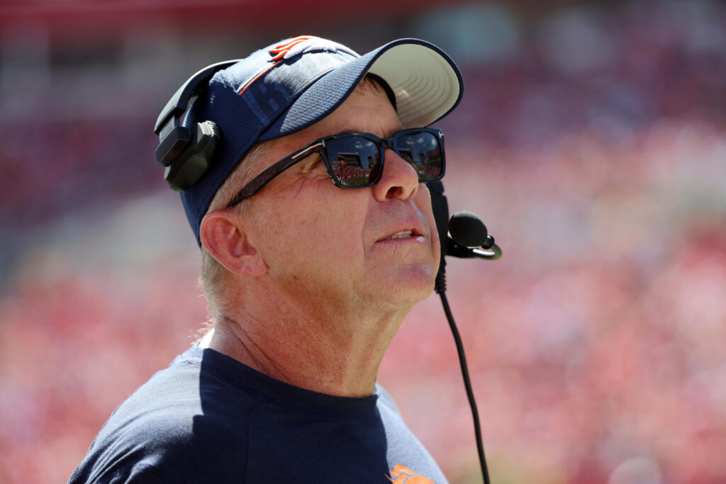 Denver Broncos head coach Sean Payton looks on during the second half against the Tampa Bay Buccaneers at Raymond James Stadium.