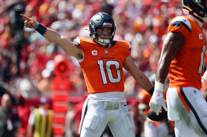 Denver Broncos quarterback Bo Nix (10) reacts after he gets first down against the Tampa Bay Buccaneers during the second half at Raymond James Stadium.