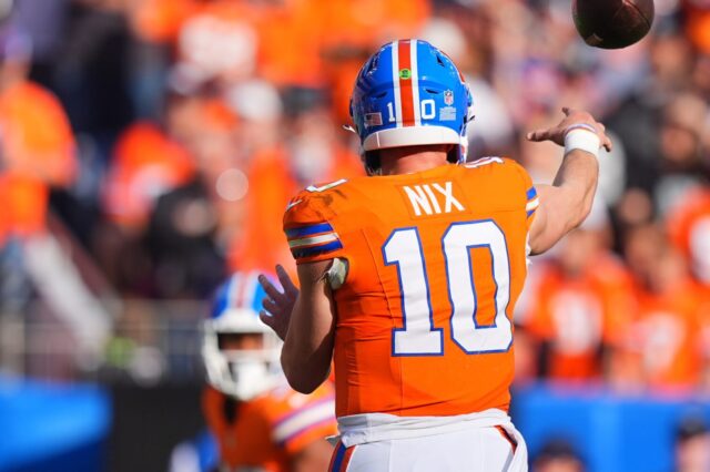 Bo Nix throws last week against the Raiders.