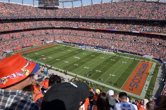 Broncos Country arrived late to new Mile High Stadium. Many empty seats are shown at kickoff.