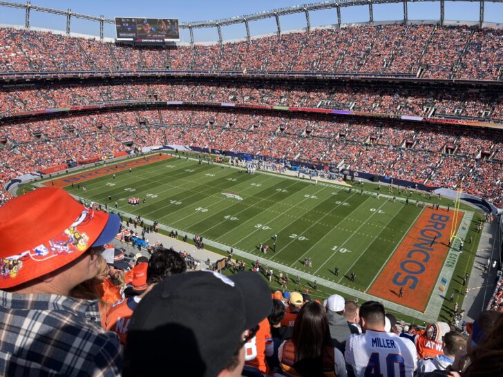 Broncos Country arrived late to new Mile High Stadium. Many empty seats are shown at kickoff.