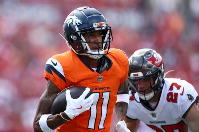 Denver Broncos receiver Josh Reynolds runs after a catch.