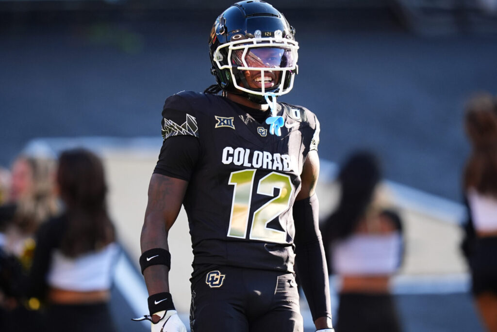 Colorado Buffaloes wide receiver Travis Hunter (12) reacts after scoring a touchdown in the first half against the North Dakota State Bison at Folsom Field.