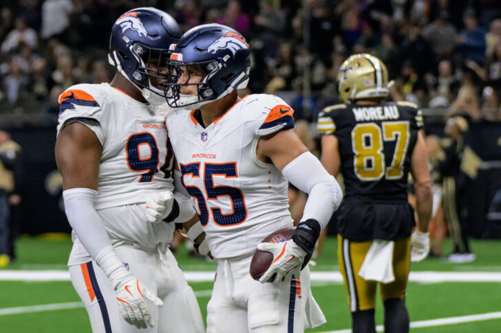 Denver Broncos linebacker Cody Barton (55) celebrates running back an interception for a touchdown against New Orleans Saints quarterback Spencer Rattler during the fourth quarter at Caesars Superdome.