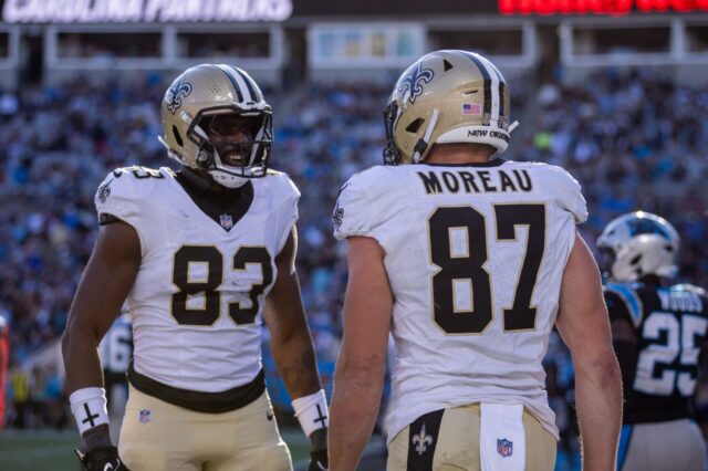 Juwan Johnson and Foster Moreau before Sunday’s loss to the Panthers.