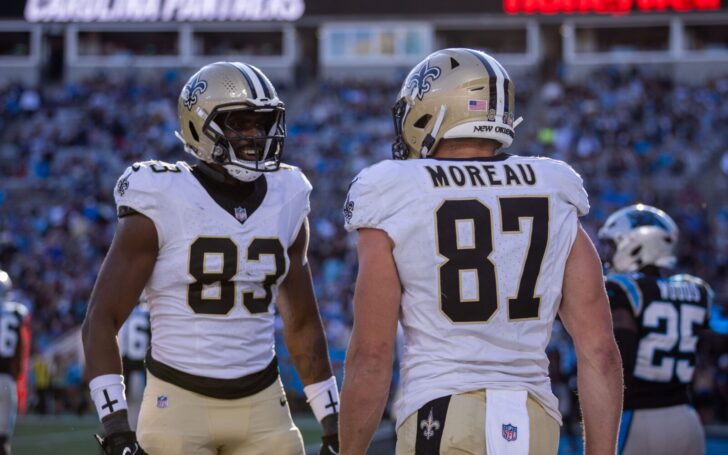 Juwan Johnson and Foster Moreau before Sunday’s loss to the Panthers.