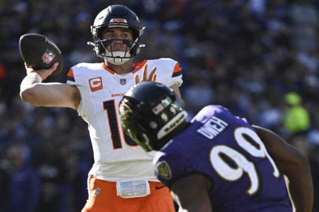 Bo Nix throws against Baltimore.