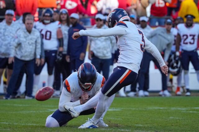 Will Lutz kicking the field goal that was blocked.