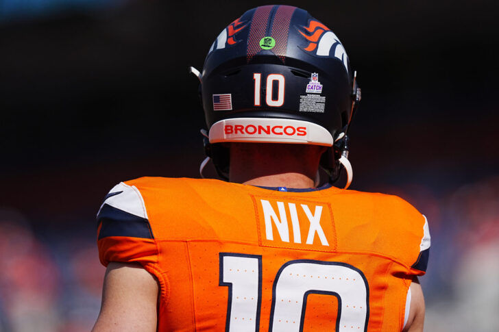 Denver Broncos quarterback Bo Nix (10) warms up before the game against the Los Angeles Chargers at Empower Field at Mile High.