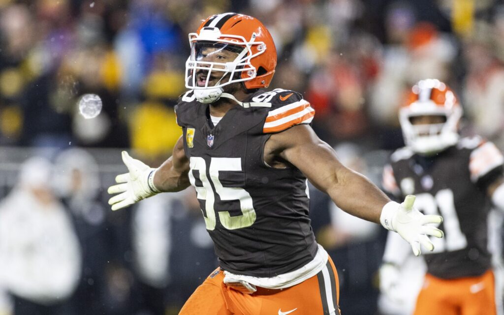 Myles Garrett runs with arms outstretched after a sack against the Steelers last week.