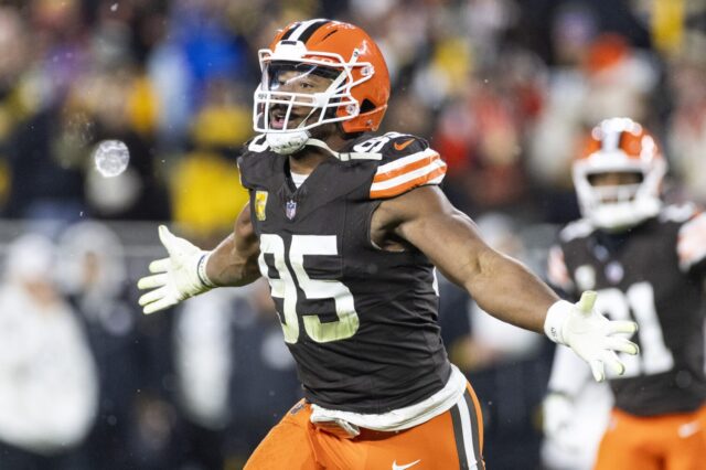 Myles Garrett runs with arms outstretched after a sack against the Steelers last week.